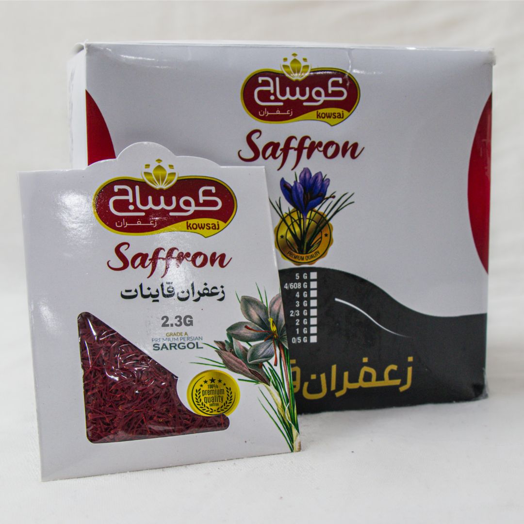 باکس ۱۸ عددی زعفران سوپر نگین ۲.۳ گرم در بسته بندی پاکتی محصولات همراه با جعبه مادر